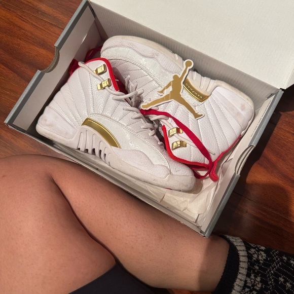 Jordan Women's Sneakers in White and Gold with Red Accents - Picture 1 of 5